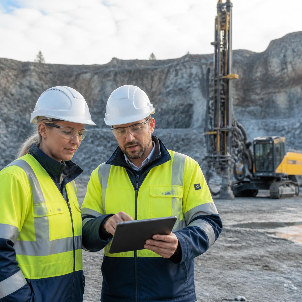 Siby Mining engineers reviewing a drilling plan at a rock quarry